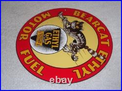 Vintage Bearcat Ethyl & General Motors Cat 11 3/4 Porcelain Metal Gasoline Sign