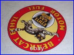 Vintage Bearcat Ethyl & General Motors Cat 11 3/4 Porcelain Metal Gasoline Sign