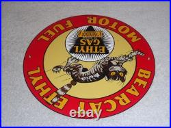 Vintage Bearcat Ethyl & General Motors Cat 11 3/4 Porcelain Metal Gasoline Sign