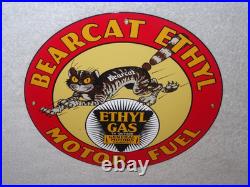 Vintage Bearcat Ethyl & General Motors Cat 11 3/4 Porcelain Metal Gasoline Sign