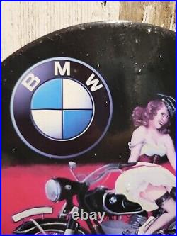 Vintage Bmw Porcelain Sign Gas Station Oil Service Lady German Automobile Car