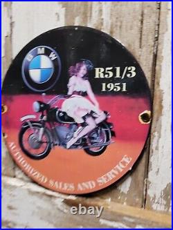 Vintage Bmw Porcelain Sign Gas Station Oil Service Lady German Automobile Car