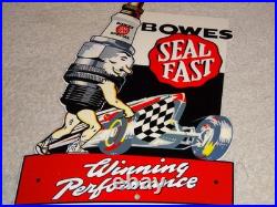 Vintage Bowes Seal Fast Performance Race Car & Spark Plug 12 Metal Gas Oil Sign