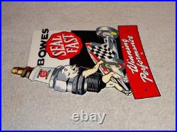 Vintage Bowes Seal Fast Performance Race Car & Spark Plug 12 Metal Gas Oil Sign