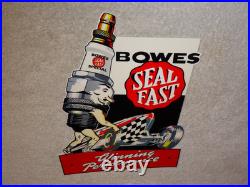 Vintage Bowes Seal Fast Performance Race Car & Spark Plug 12 Metal Gas Oil Sign
