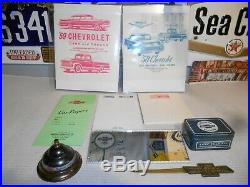 Vintage CHEVROLET LOT of 9 ADVERTISING ITEMSCounter BellMirrorTinPaper Items