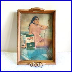 Vintage Castrol Motor Oil Advertising Wooden Glass Tray Automobile Indian Lady