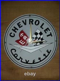Vintage Chevrolet Corvette Porcelain Dealer Clock Sign 11.25 Chevy Gas Oil
