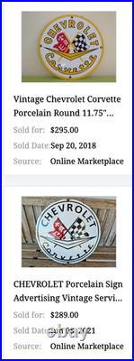 Vintage Chevrolet Corvette Sports Car Porcelain Metal Gasoline & Oil, Chevy Sign