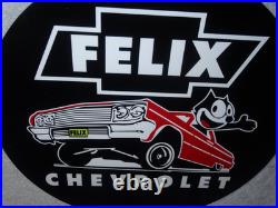 Vintage Chevrolet Felix The Cat In Sports Car 12 Metal Chevy Gasoline Oil Sign