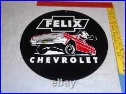Vintage Chevrolet Felix The Cat In Sports Car 12 Metal Chevy Gasoline Oil Sign