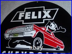 Vintage Chevrolet Felix The Cat In Sports Car 12 Metal Chevy Gasoline Oil Sign