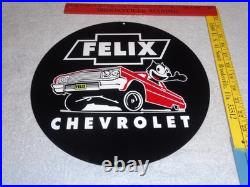 Vintage Chevrolet Felix The Cat In Sports Car 12 Metal Chevy Gasoline Oil Sign