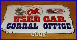 Vintage Chevrolet Ok Used Car Corral Office Cowboy 12 Metal Gasoline Oil Sign