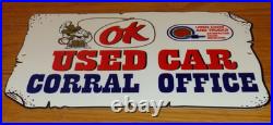 Vintage Chevrolet Ok Used Car Corral Office Cowboy 12 Metal Gasoline Oil Sign