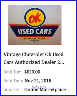 Vintage Chevrolet Ok Used Car Corral Office Cowboy 12 Metal Gasoline Oil Sign