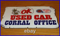 Vintage Chevrolet Ok Used Car Corral Office Cowboy 12 Metal Gasoline Oil Sign