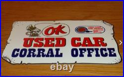 Vintage Chevrolet Ok Used Car Corral Office Cowboy 12 Metal Gasoline Oil Sign