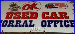 Vintage Chevrolet Ok Used Car Corral Office Cowboy 12 Metal Gasoline Oil Sign