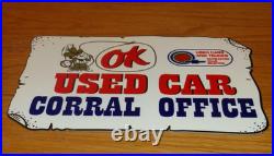 Vintage Chevrolet Ok Used Car Corral Office Cowboy 12 Metal Gasoline Oil Sign