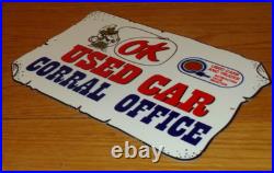 Vintage Chevrolet Ok Used Car Corral Office Cowboy 12 Metal Gasoline Oil Sign