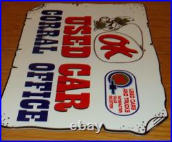Vintage Chevrolet Ok Used Car Corral Office Cowboy 12 Metal Gasoline Oil Sign