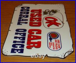 Vintage Chevrolet Ok Used Car Corral Office Cowboy 12 Metal Gasoline Oil Sign
