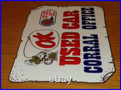 Vintage Chevrolet Ok Used Car Corral Office Cowboy 12 Metal Gasoline Oil Sign