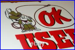 Vintage Chevrolet Ok Used Car Corral Office Cowboy 12 Metal Gasoline Oil Sign
