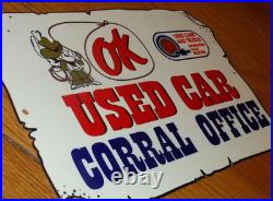 Vintage Chevrolet Ok Used Car Corral Office Cowboy 12 Metal Gasoline Oil Sign