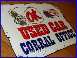 Vintage Chevrolet Ok Used Car Corral Office Cowboy 12 Metal Gasoline Oil Sign