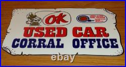 Vintage Chevrolet Ok Used Car Corral Office Cowboy 12 Metal Gasoline Oil Sign