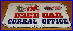 Vintage Chevrolet Ok Used Car Corral Office Cowboy 12 Metal Gasoline Oil Sign