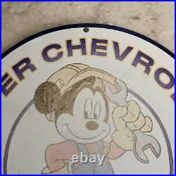 Vintage Chevrolet Porcelain Mickey Mouse Auto Mobile 1958 Gasoline Enamel Sign