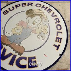 Vintage Chevrolet Porcelain Mickey Mouse Auto Mobile 1958 Gasoline Enamel Sign