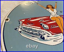 Vintage Chevrolet Porcelain Pin Up Car Dealership Sign Sales Service Gas Oil