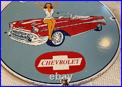 Vintage Chevrolet Porcelain Pin Up Car Dealership Sign Sales Service Gas Oil