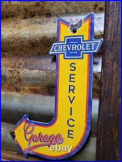 Vintage Chevrolet Porcelain Sign Car Repair Gas Oil Chevy Service Garage Arrow