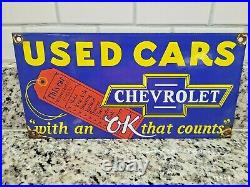 Vintage Chevrolet Porcelain Sign Used Car Truck Dealer Oil Gas Station Service