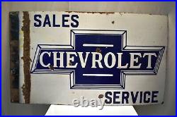 Vintage Chevrolet Sales Service Sign Board Porcelain Enamel Double Sided Flange