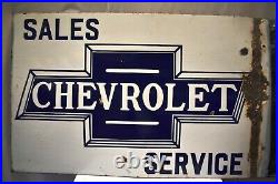 Vintage Chevrolet Sales Service Sign Board Porcelain Enamel Double Sided Flange