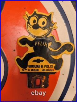 Vintage Chevrolet Sign Gas Felix Auto Porcelain License Plate Topper