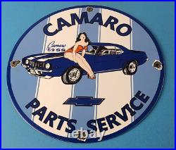 Vintage Chevrolet Sign Porcelain Camaro 69 SS Gas Pump Auto Pinup Girl Sign