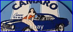 Vintage Chevrolet Sign Porcelain Camaro 69 SS Gas Pump Auto Pinup Girl Sign