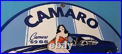 Vintage Chevrolet Sign Porcelain Camaro 69 SS Gas Pump Auto Pinup Girl Sign