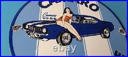 Vintage Chevrolet Sign Porcelain Camaro 69 SS Gas Pump Auto Pinup Girl Sign