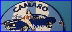 Vintage Chevrolet Sign Porcelain Camaro 69 SS Gas Pump Auto Pinup Girl Sign