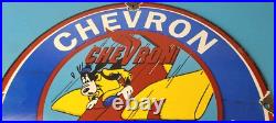 Vintage Chevron Gasoline Sign Aviation Gas, Goofy Auto Gas Porcelain Sign