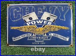 Vintage Chevy Power Porcelain Sign Chevrolet American Pride Gas Automobile Truck