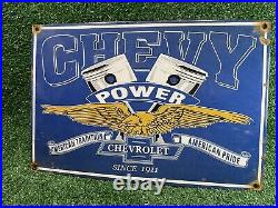 Vintage Chevy Power Porcelain Sign Chevrolet American Pride Gas Automobile Truck